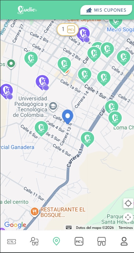 Pantalla del mapa de comercios cerca de ti en la app Kuclic