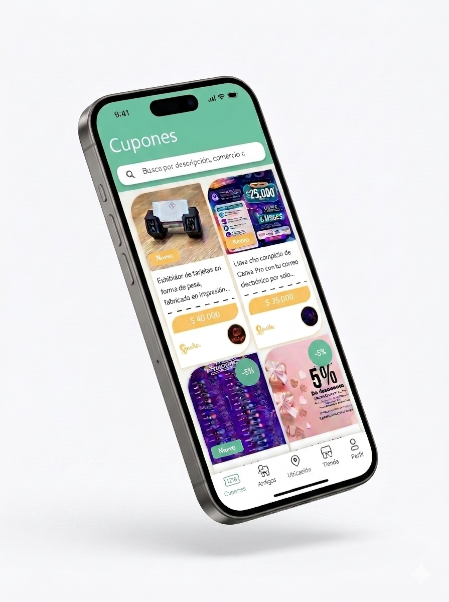 Mockup de la app Kuclic mostrando cupones cercanos